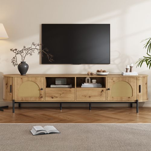 Meuble TV Ovale 200x40x49,5 Cm, Rangements Avec Portes Coulissantes Et Tiroirs, Mdf, Couleur Bois