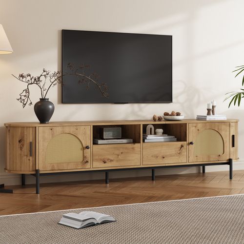 Meuble TV Ovale 200x40x49,5 Cm, Rangements Avec Portes Coulissantes Et Tiroirs, Mdf, Couleur Bois