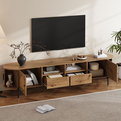 Meuble TV Ovale 200x40x49,5 Cm, Rangements Avec Portes Coulissantes Et Tiroirs, Mdf, Couleur Bois