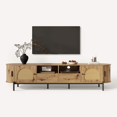Meuble TV Ovale 200x40x49,5 Cm, Rangements Avec Portes Coulissantes Et Tiroirs, Mdf, Couleur Bois