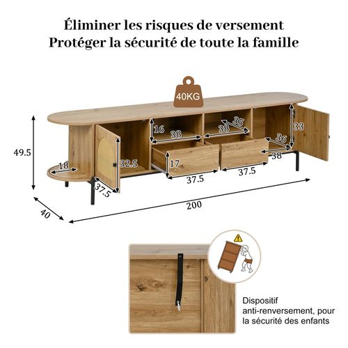 Meuble TV Ovale 200x40x49,5 Cm, Rangements Avec Portes Coulissantes Et Tiroirs, Mdf, Couleur Bois