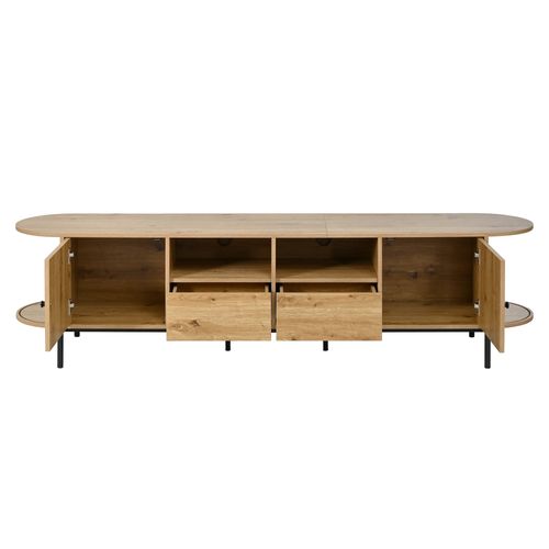 Meuble TV Ovale 200x40x49,5 Cm, Rangements Avec Portes Coulissantes Et Tiroirs, Mdf, Couleur Bois