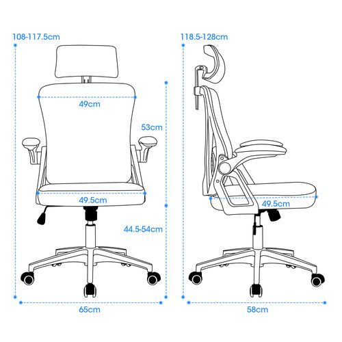 Chaise De Bureau Ergonomique 58x65x108/117,5 Cm, Dossier Respirant, Hauteur Réglable, Tissu, Noir