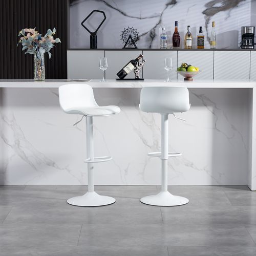 Lot De 2 Tabourets De Bar Réglables, Pivotants 360, Dossier Ergonomique, Métal, Blanc