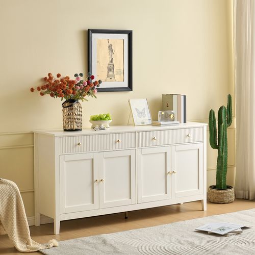 Buffet De Rangement 160x40x82 Cm, 2 Tiroirs Et 4 Portes, Poignées Dorées En Mdf, Blanc