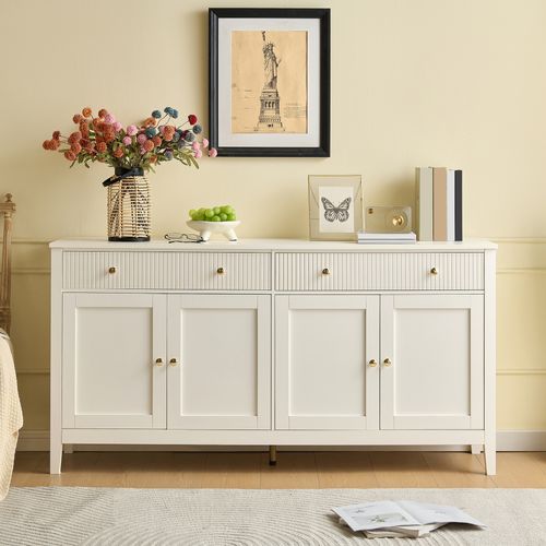 Buffet De Rangement 160x40x82 Cm, 2 Tiroirs Et 4 Portes, Poignées Dorées En Mdf, Blanc