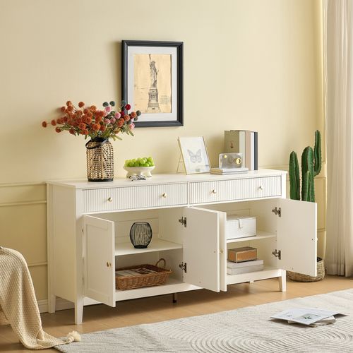 Buffet De Rangement 160x40x82 Cm, 2 Tiroirs Et 4 Portes, Poignées Dorées En Mdf, Blanc
