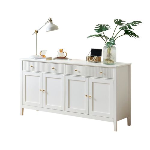 Buffet De Rangement 160x40x82 Cm, 2 Tiroirs Et 4 Portes, Poignées Dorées En Mdf, Blanc