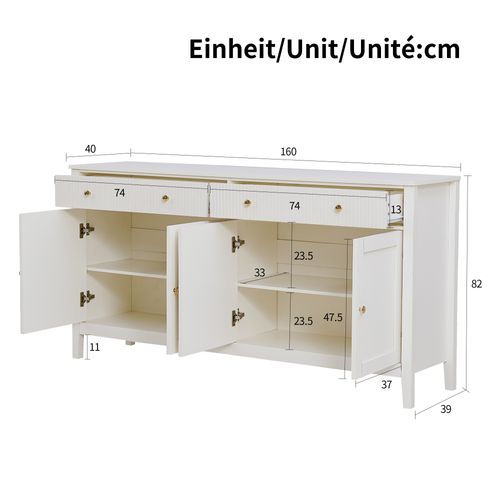 Buffet De Rangement 160x40x82 Cm, 2 Tiroirs Et 4 Portes, Poignées Dorées En Mdf, Blanc
