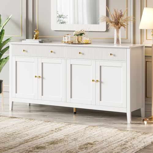 Buffet De Rangement 160x40x82 Cm, 2 Tiroirs Et 4 Portes, Poignées Dorées En Mdf, Blanc