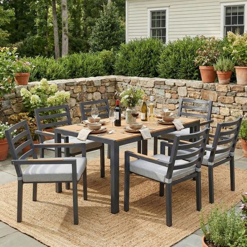Salon De Jardin 6 Places, Table Et 6 Chaises Avec Accoudoirs, Acier Galvanisé, Effet Bois Gris