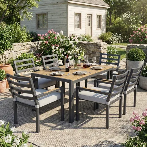 Salon De Jardin 6 Places, Table Et 6 Chaises Avec Accoudoirs, Acier Galvanisé, Effet Bois Gris