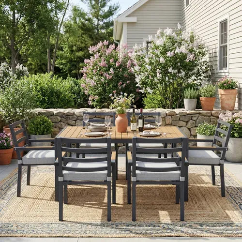 Salon De Jardin 6 Places, Table Et 6 Chaises Avec Accoudoirs, Acier Galvanisé, Effet Bois Gris