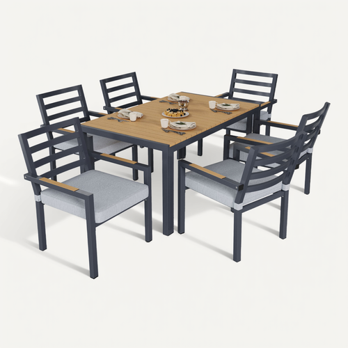 Salon De Jardin 6 Places, Table Et 6 Chaises Avec Accoudoirs, Acier Galvanisé, Effet Bois Gris