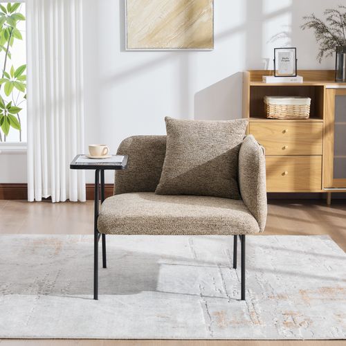 Fauteuil De Relaxation 86x72x71 Cm, Table Latérale Intégrée, Chenille Kaki, Métal Noir
