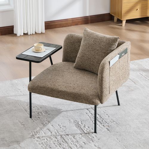 Fauteuil De Relaxation 86x72x71 Cm, Table Latérale Intégrée, Chenille Kaki, Métal Noir