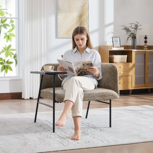 Fauteuil De Relaxation 86x72x71 Cm, Table Latérale Intégrée, Chenille Kaki, Métal Noir