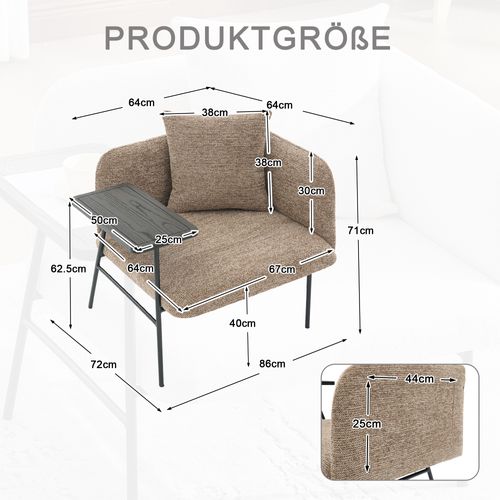 Fauteuil De Relaxation 86x72x71 Cm, Table Latérale Intégrée, Chenille Kaki, Métal Noir
