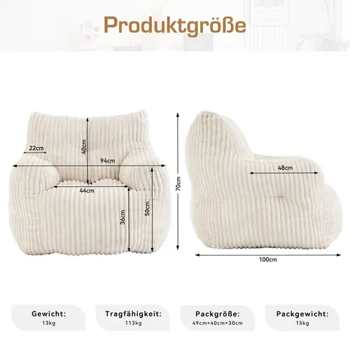 Fauteuil Fixe100x94x70 Cm, Assise En Mousse à Mémoire De Forme, Tissu Côtelé, Couleur Beige