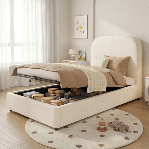 Lit 90x190cm, Lit Enfant, Lit Coffre Avec Sommier, Bois, Velours Respirant, Couleur Beige