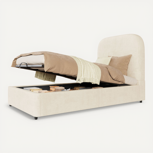 Lit 90x190cm, Lit Enfant, Lit Coffre Avec Sommier, Bois, Velours Respirant, Couleur Beige