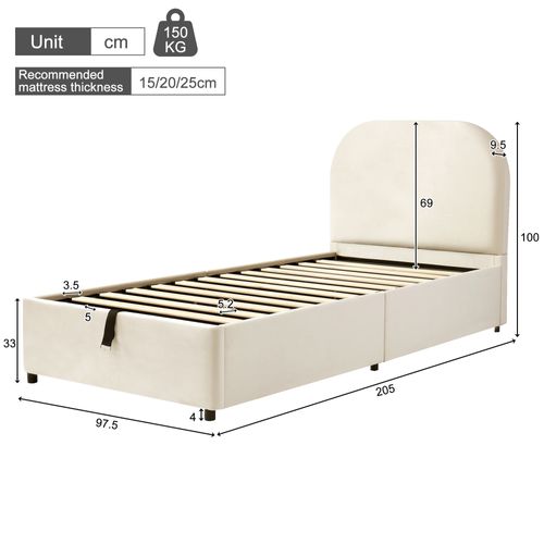 Lit 90x190cm, Lit Enfant, Lit Coffre Avec Sommier, Bois, Velours Respirant, Couleur Beige