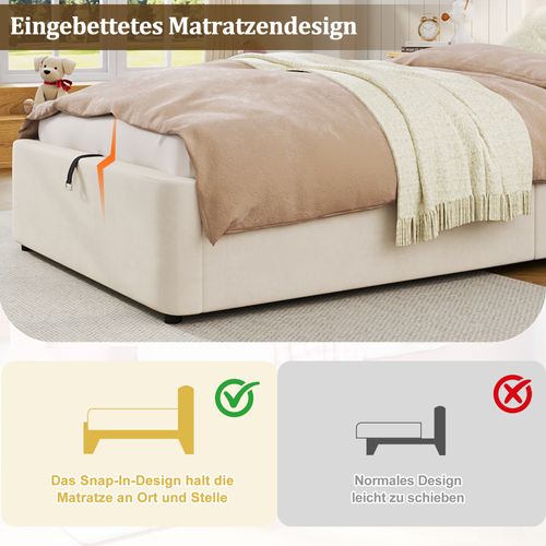 Lit 90x190cm, Lit Enfant, Lit Coffre Avec Sommier, Bois, Velours Respirant, Couleur Beige