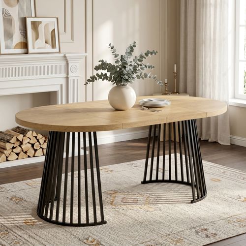 Table à Manger Extensible 100/138/176 X 100 X 76 Cm, Plateau Mdf, Métal, Couleur Noir Et Bois