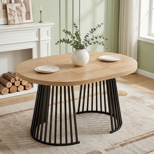 Table à Manger Extensible 100/138/176 X 100 X 76 Cm, Plateau Mdf, Métal, Couleur Noir Et Bois