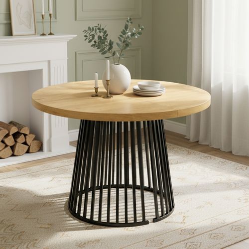 Table à Manger Extensible 100/138/176 X 100 X 76 Cm, Plateau Mdf, Métal, Couleur Noir Et Bois