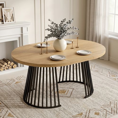 Table à Manger Extensible 100/138/176 X 100 X 76 Cm, Plateau Mdf, Métal, Couleur Noir Et Bois