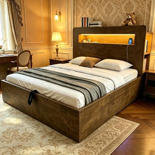 Lit Coffre 140x200 Cm, Tête De Lit Avec LED Et Prises, Rangement Intégré, Bois, Couleur Bois