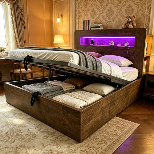 Lit Coffre 140x200 Cm, Tête De Lit Avec LED Et Prises, Rangement Intégré, Bois, Couleur Bois