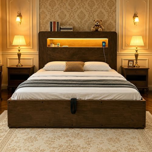 Lit Coffre 140x200 Cm, Tête De Lit Avec LED Et Prises, Rangement Intégré, Bois, Couleur Bois
