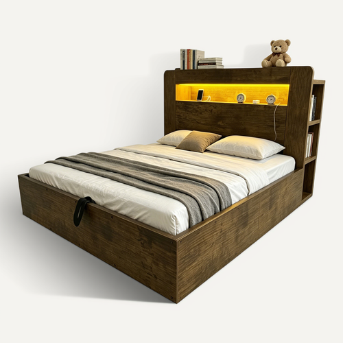 Lit Coffre 140x200 Cm, Tête De Lit Avec LED Et Prises, Rangement Intégré, Bois, Couleur Bois