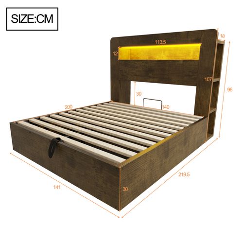 Lit Coffre 140x200 Cm, Tête De Lit Avec LED Et Prises, Rangement Intégré, Bois, Couleur Bois
