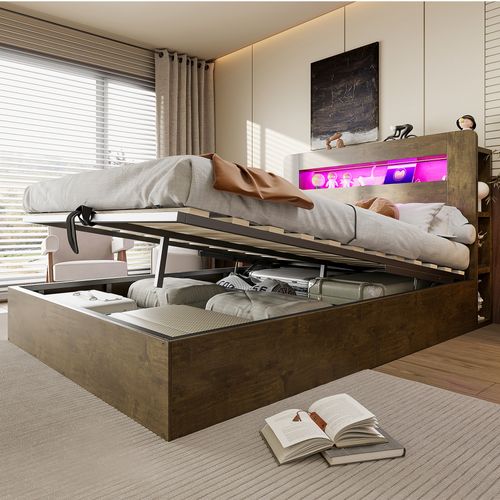 Lit Coffre 140x200 Cm, Tête De Lit Avec LED Et Prises, Rangement Intégré, Bois, Couleur Bois