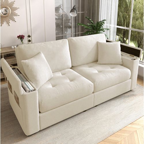 Canapé 2 Places 180 Cm, Rangement Accoudoirs Et Poches, 2 Coussins, Chenille Et Mousse, Beige