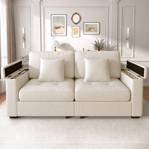 Canapé 2 Places 180 Cm, Rangement Accoudoirs Et Poches, 2 Coussins, Chenille Et Mousse, Beige