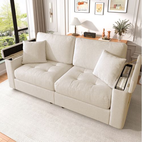 Canapé 2 Places 180 Cm, Rangement Accoudoirs Et Poches, 2 Coussins, Chenille Et Mousse, Beige