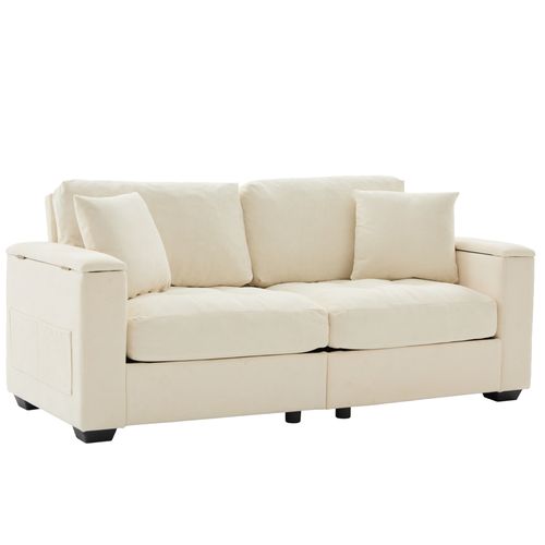 Canapé 2 Places 180 Cm, Rangement Accoudoirs Et Poches, 2 Coussins, Chenille Et Mousse, Beige