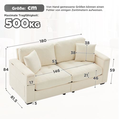 Canapé 2 Places 180 Cm, Rangement Accoudoirs Et Poches, 2 Coussins, Chenille Et Mousse, Beige