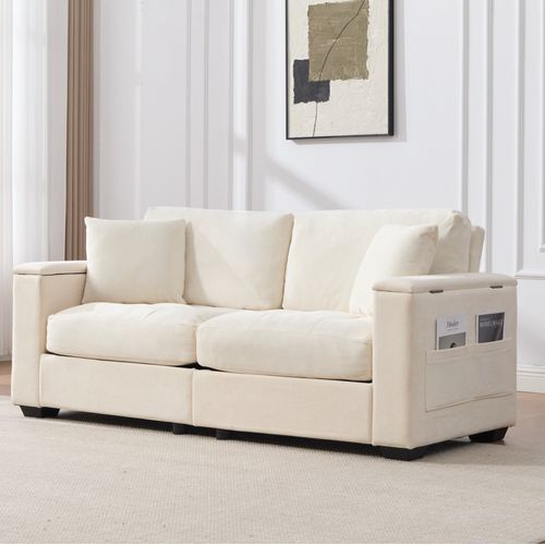 Canapé 2 Places 180 Cm, Rangement Accoudoirs Et Poches, 2 Coussins, Chenille Et Mousse, Beige