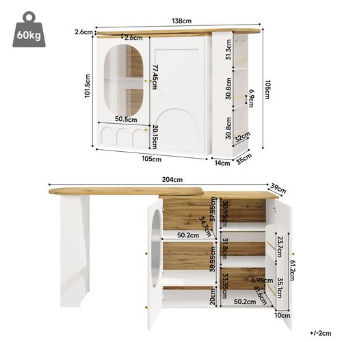 Ensemble Bar 138/204x39x105cm Avec 2 Tabouret Haut 70cm, Meuble Cuisine, Rangement Mdf + Métal Blanc