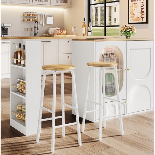 Ensemble Bar 138/204x39x105cm Avec 2 Tabouret Haut 70cm, Meuble Cuisine, Rangement Mdf + Métal Blanc