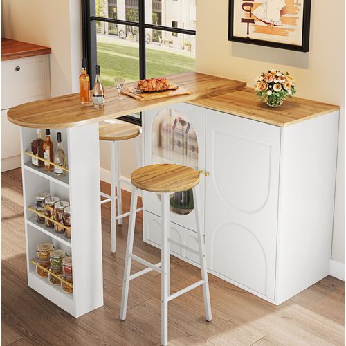 Ensemble Bar 138/204x39x105cm Avec 2 Tabouret Haut 70cm, Meuble Cuisine, Rangement Mdf + Métal Blanc