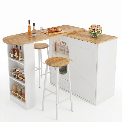 Ensemble Bar 138/204x39x105cm Avec 2 Tabouret Haut 70cm, Meuble Cuisine, Rangement Mdf + Métal Blanc