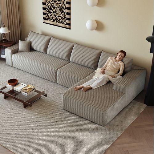 Canapé Compressé Modulable 5 Places, Module Chaise Longue Reversible, Mousse, Velours Côtelé Camel