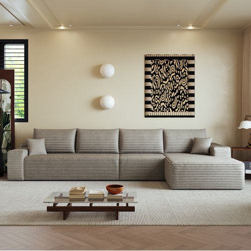 Canapé Compressé Modulable 5 Places, Module Chaise Longue Reversible, Mousse, Velours Côtelé Camel