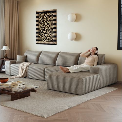 Canapé Compressé Modulable 5 Places, Module Chaise Longue Reversible, Mousse, Velours Côtelé Camel